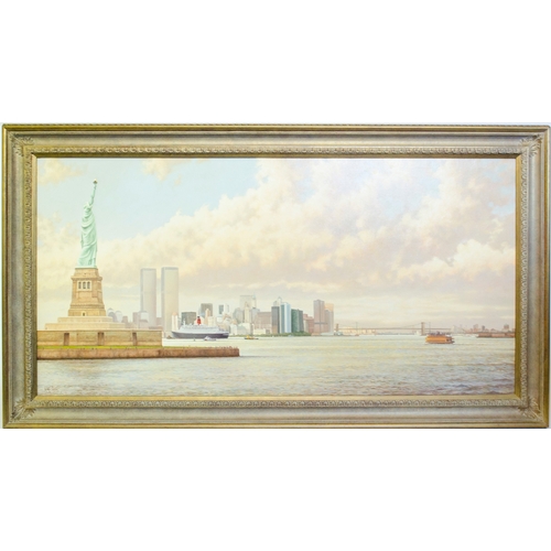 510 - Large Rodney Charman oil on canvas, depicting the statue of Liberty, liners of New York sky line, in... 