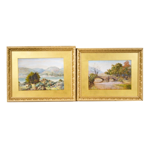 568 - A pair of water colour paintings of mountainous landscape in gilt frames, both 16 x 20.5 inches.