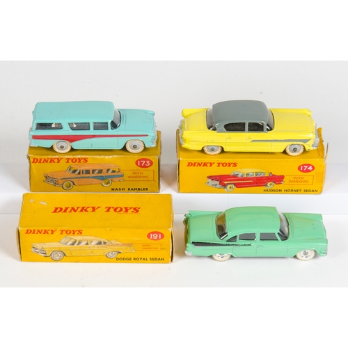 782 - 3 x Dinky inc: 173 - Nash Rambler in Turquoise, 174 - Hudson Hornet in Yellow/Grey Roof &  a 191 - D... 