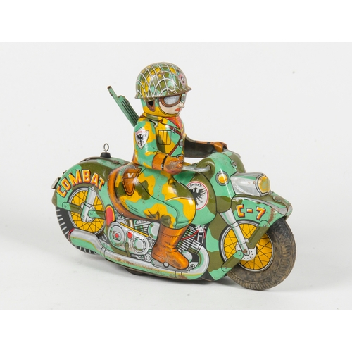 870 - Japanese Tin Plate 1950's Army Motorcycle finished in Camouflage livery, Friction Driven in Good Ori... 