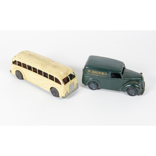 893 - Mettoy: Single Decker Clockwork Bus finished in White + Morris Minor Van in Green with “Brooks T.V R... 