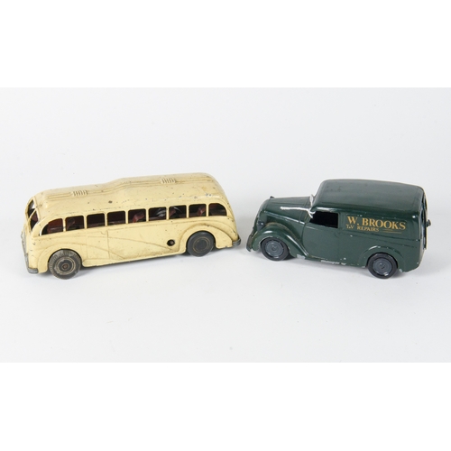 893 - Mettoy: Single Decker Clockwork Bus finished in White + Morris Minor Van in Green with “Brooks T.V R... 