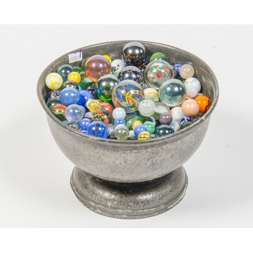 915 - Large metal bowl of early marbles 100+various colors and dates