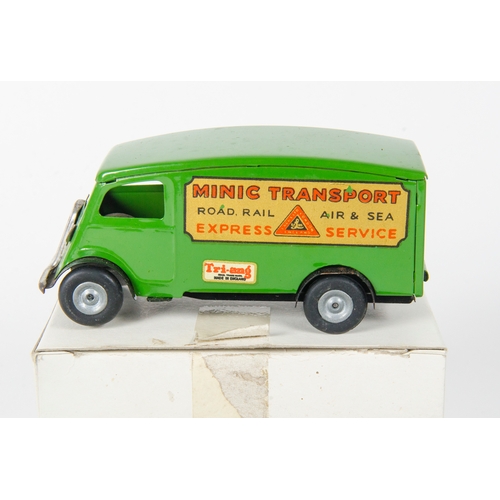 920 - Triang-Minic 4 unboxed including 2 cars, a Green over Green Caravan and a Short Bonnet  Van 