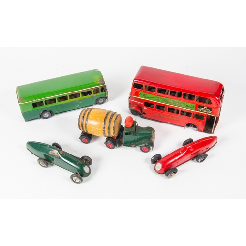 922 - Triang Minic: 5 x 1950's models including  2 buses, 2 racing cars and a Watney’s Truck & Barrel Trai... 