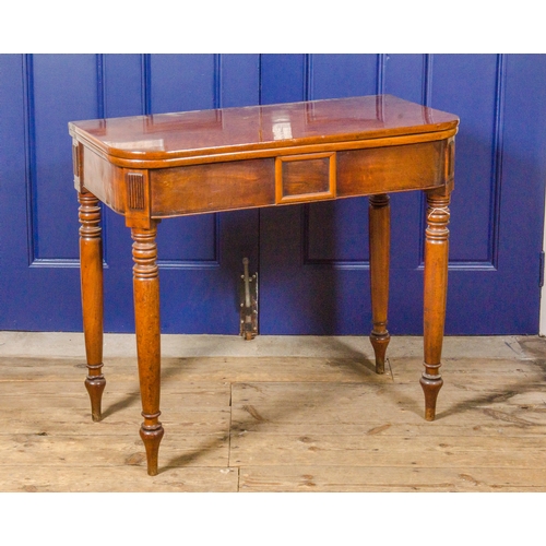 441 - Georgian fold over top tea table, resting on turned legs and fluted sides 35 x 31 inches.