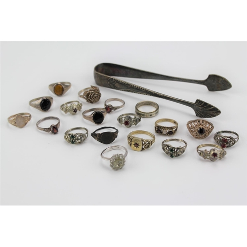 158 - Various rings, including gold and silver dress rings, along with a pair of sugar tongs etc.