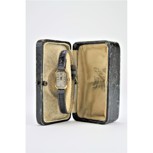 180 - A ladies square gold wrist watch, with a Jersey case.