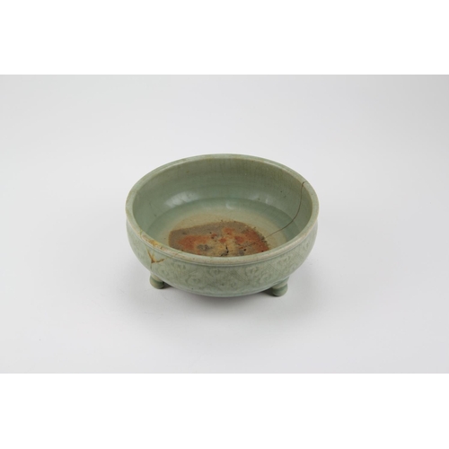 352 - An Antique Chinese Celadon incense bowl, decorated with a diaper work pattern of leaves, on a twin b... 