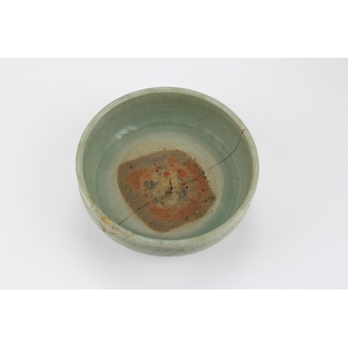 352 - An Antique Chinese Celadon incense bowl, decorated with a diaper work pattern of leaves, on a twin b... 