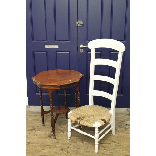 287 - A white painted nursing chair, with a high back, and a Victorian shaped topped table.