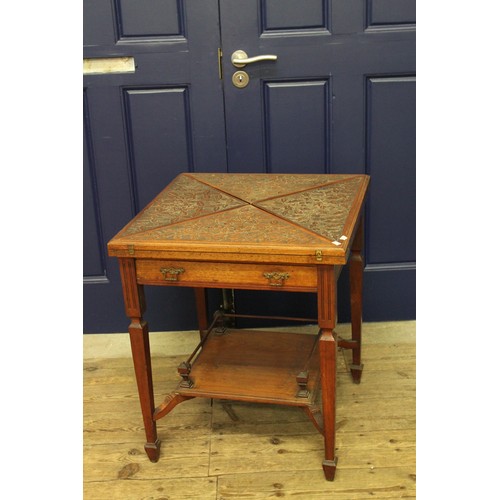 289 - A Victorian Envelope card table, with carved top, single drawer, resting on square legs.