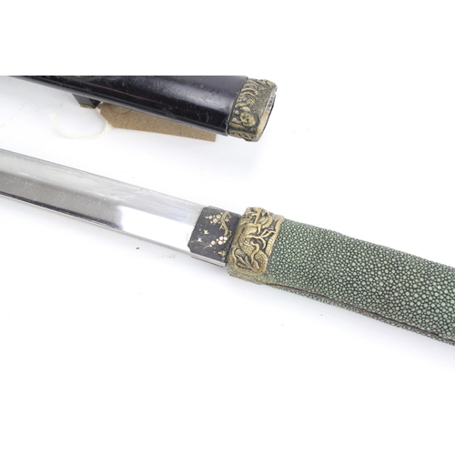 342 - A Chinese short Sword in lacquered case gilt blade Shagreen handle, etc.