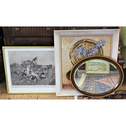 564 - A Victorian steel plate engraving of the fox and hounds, along with a mirror.