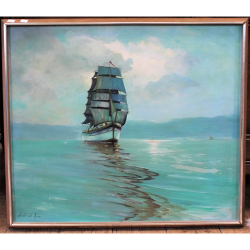 580 - Hector Amace oil on board, depicting a sailing ship.