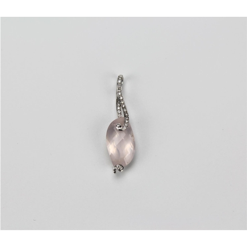 95 - A contemporary leaf shaped pendant, white gold and diamond set, rose quartz.