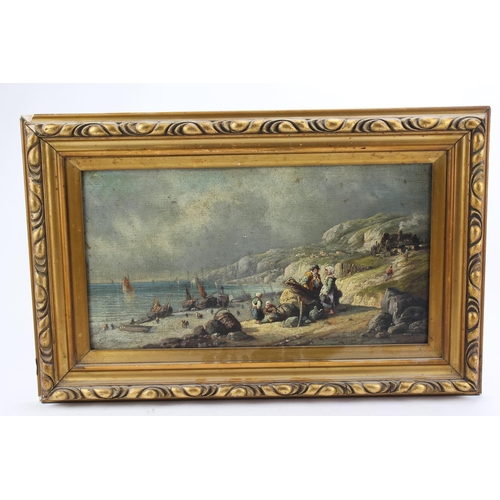 585 - JC Cusson signed and dated oil on canvas, depicting a coastal cliff and village.