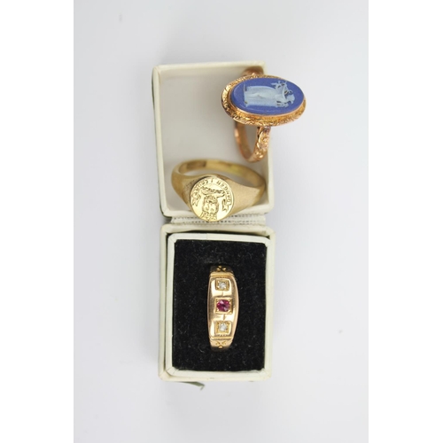 79 - A 9 carat gold ring, set with a wedgewood cameo, a 9 carat gold engraved ring, a 15 carat gold ring ... 