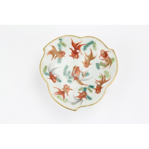 511 - Ching Dynasty Tung Chin 1862-1874 lotus leaf petal dish, red gold fish decorated, resting on a shape... 