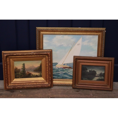 572 - An oil on board of a Scottish scene, along with other pictures including a modern sailing boat pictu... 