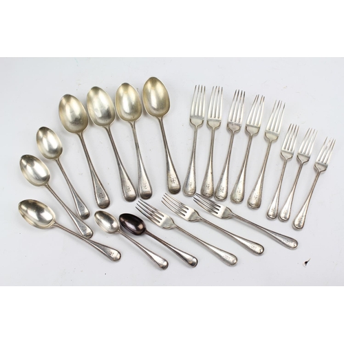 62 - The residue of an Old English bead edged cutlery set to include: 5 Table Forks, 6 Desert Forks, 4 Ta... 