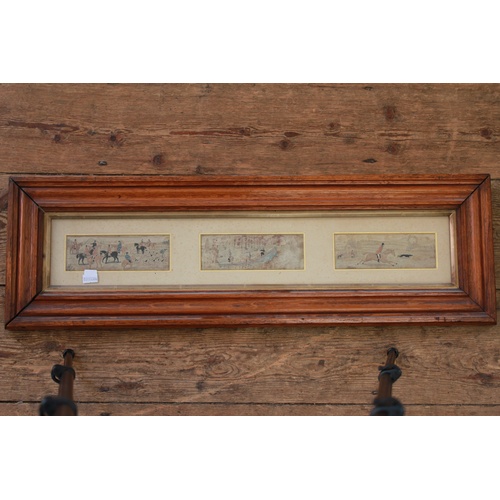 560 - A set of three antique Stevenographs silk woven prints of hunting scenes.