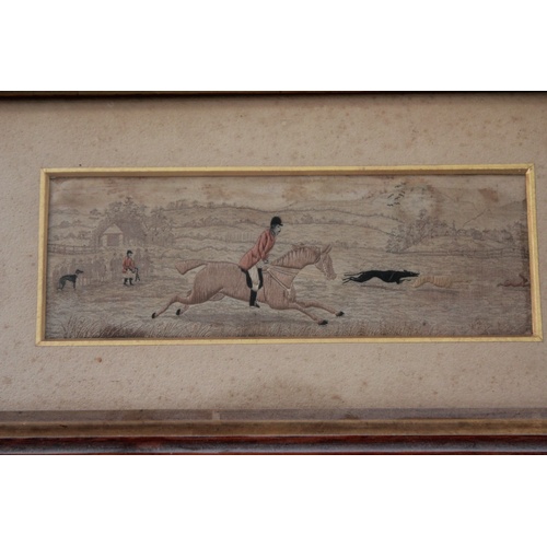 560 - A set of three antique Stevenographs silk woven prints of hunting scenes.