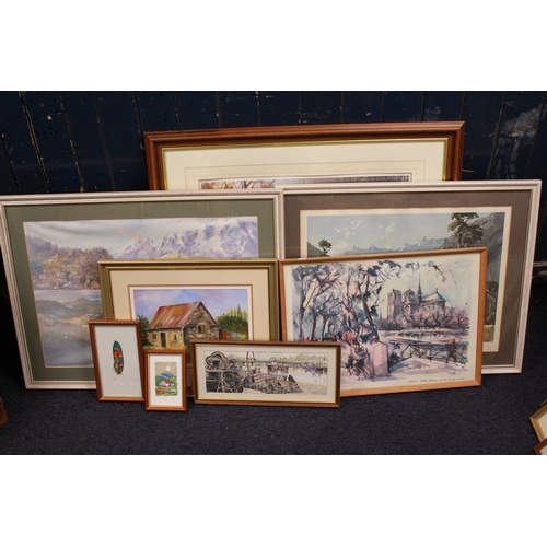 544 - A collection of prints and watercolours, south American school, gentry cottage etc.