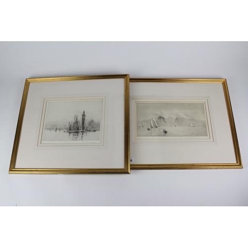 589 - Rowland Langmaid etchings of a view from sea, Thames barge in front of houses of Parliament.