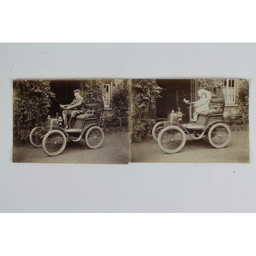 558 - two Victorian  photographs of a pre 1904 motor car with passengers