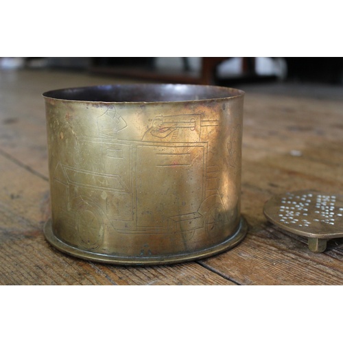 644 - A First world war Trench art shell case, engraved with a rare BELGIAN armoured car and regimental   ... 