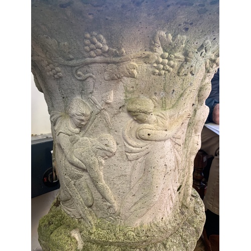 700 - A Pair of Large White Painted & Moss covered Classical Designed Campaigner shaped Garden Urn's resti... 