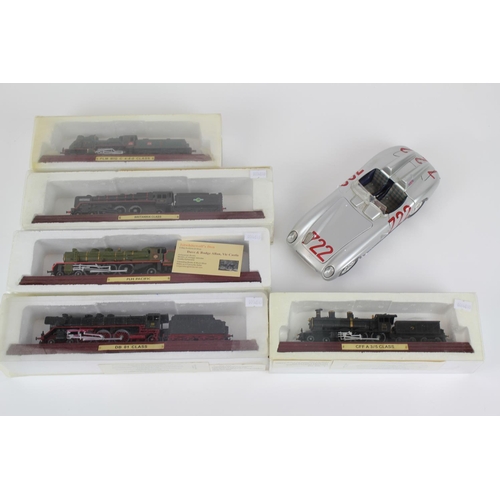 73 - 5 x Atlas Editions Trains in original boxes plus a Maisto Mercedes 300SLR with no box.