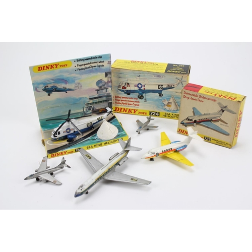 19 - 5 x Dinky Planes to include a Boxed 724 Sea King Helicopter, a boxed 723 Hawker Siddeley & three Fre... 