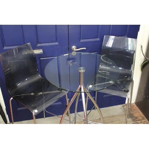 352 - An Italian made Glass Top Chrome Bar Table along with matching clear plastic & chrome bar stools.