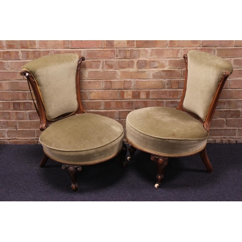 379 - A Pair of Victorian Walnut Framed Drawing Room Chairs Covered in Green velour.