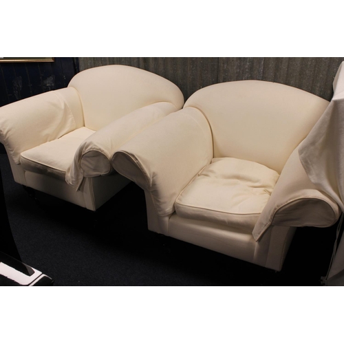 389 - A Pair of Victorian Design Over Stuffed Arm Chairs in White Linen with Turned Legs.