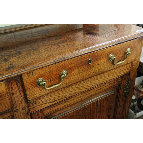 424 - An Antique Welsh Oak Patterned Three Drawers Dresser with Brass Handles with Open Back Plate Rack & ... 