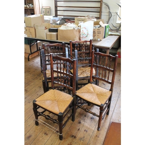 426 - A Set of Six Antique Rush Seated Spindle Backed Lancashire High Chairs with Turned Supports and Rush... 