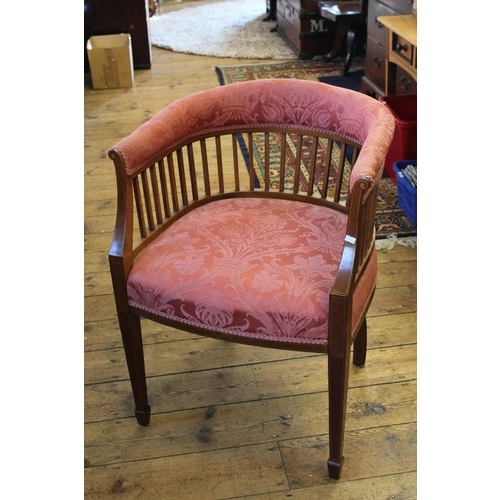 450 - An Edwardian Mahogany Satin Wood inlaid Splat Back Elbow Drawing Room Chair resting on square legs.