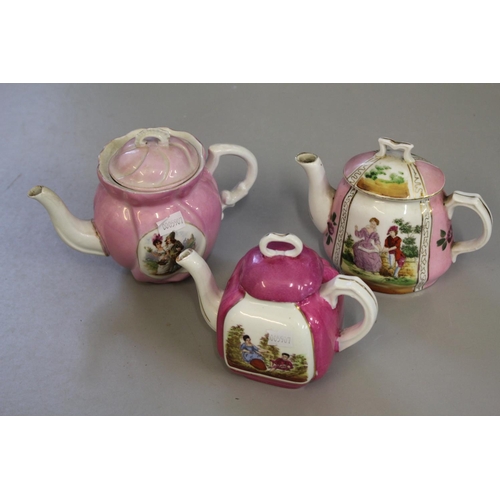 567 - Three 19th Century German Pink Transfer Decorated Tea Pots Decorated with Lovers.