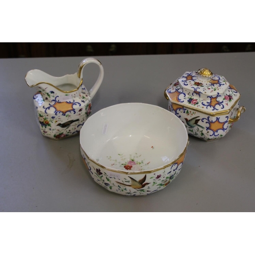 569 - A Paris Porcelain Slop Bowl, Cream Jug and Sucriere Decorated with Birds and Flowers in a Coral and ... 