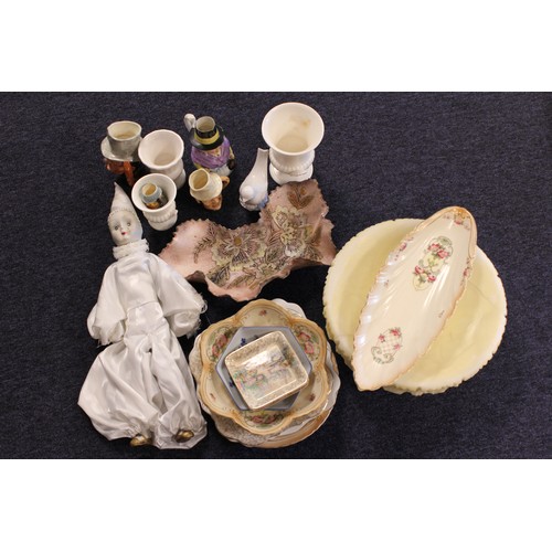 588 - A collection of staffordshire china, a doll, toby jugs, decorative china, etc.