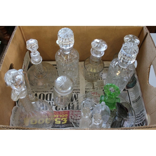 358 - A Cut Glass Claret Jug, Decanters, Stoppers, Art Deco Cut Glass Scent Bottles, etc.