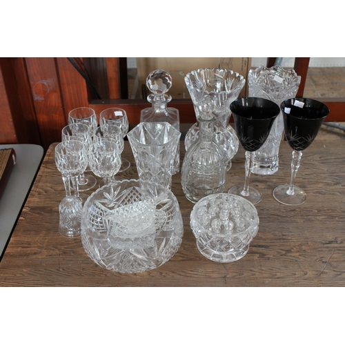 345 - A quantity of Cut Glass Decanters, Vases, Wines, Cut and Coloured Hock Glasses, etc.