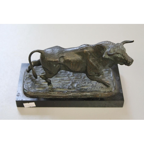 673 - A Bronzed Study of a Bull on a Marble Base Signed.