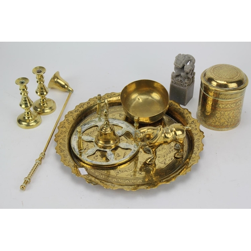 686 - A Collection Benares Brass Ware Lidded Jar, Tray, a Chinese Chop in Soap Stone and Other Brass Ware.