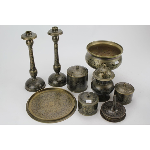 696 - A collection of Indian Kashmir and Neilo brass to include Candlesticks, Trays, Rose bowl, Stands, et... 