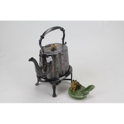 80 - A Silver Plated Kettle on Stand with Burner and a Wade Pipe Holder.