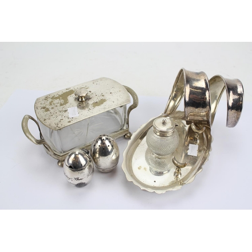 89 - A Plated Standish with Cut Glass inkwell, butter dish, cuff bangle, etc.